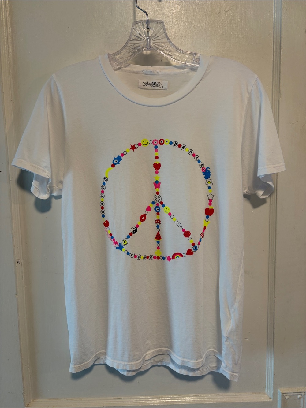 Lauren Moshi CROFT X CHARM PEACE SIGN Tee Short Sleeve Multicolor White Small